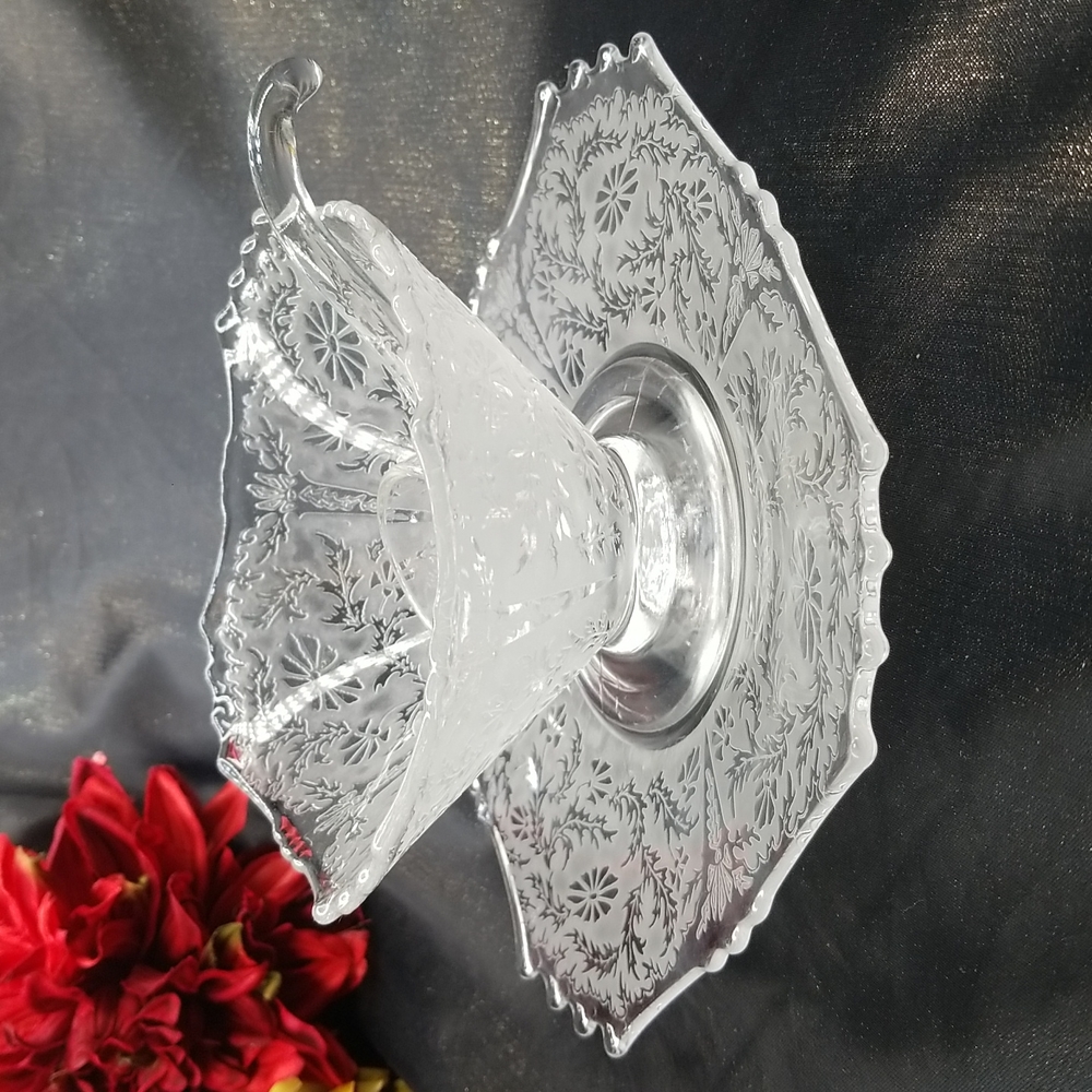 New Martinsville Oscar Elegant Etched Mayo Bowl with Underplate and Spoon